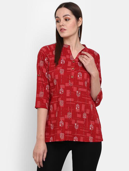 red printed detailed short kurti - 19472142 - Very Small Image - 1