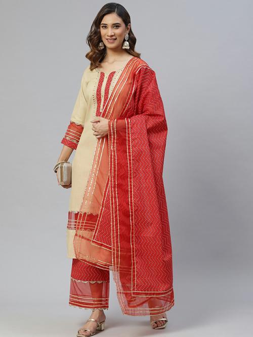 cream self design kurta palazzo set with dupatta  - 19473153 - Very Small Image - 1