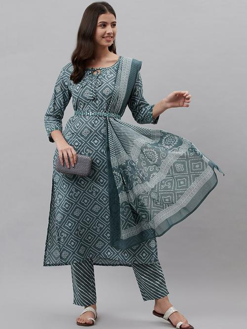 sage green bandhani kurta, pant & dupatta  set - 19473172 - Very Small Image - 1