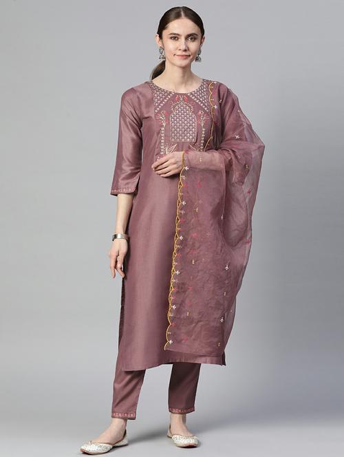 mauve self design kurta, pant & dupatta set - 19473203 - Very Small Image - 1