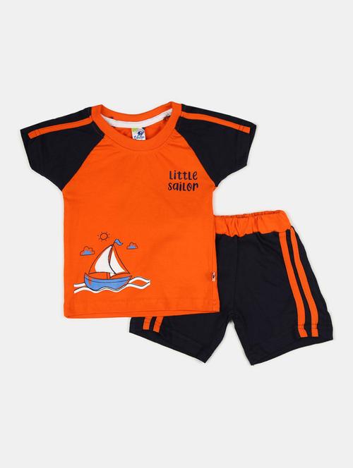 Kids Orange Colourblocked Detailed T-shirt & Shorts Set - 19474144 - Very Small Image - 1