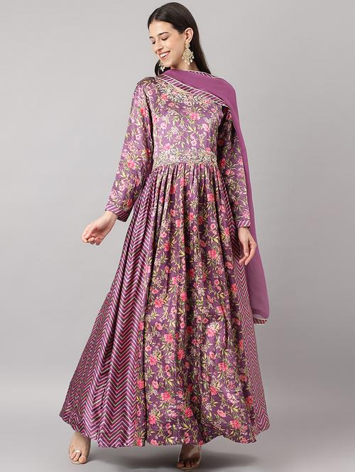 purple printed embroidered flared kurta & dupatta dress - 19476310 - Very Small Image - 1