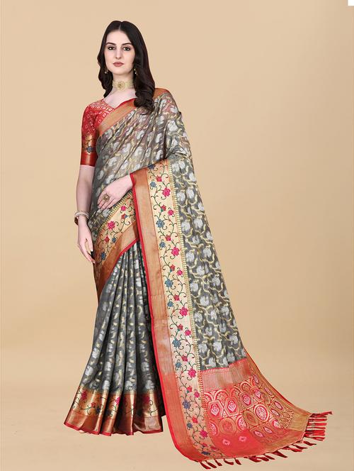 contrast bordered woven saree with blouse - 19480762 - Very Small Image - 1