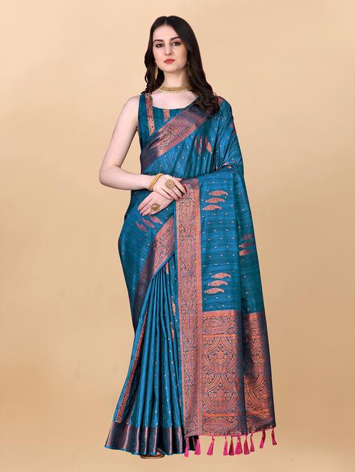contrast bordered woven saree with blouse - 19480811 - Very Small Image - 1