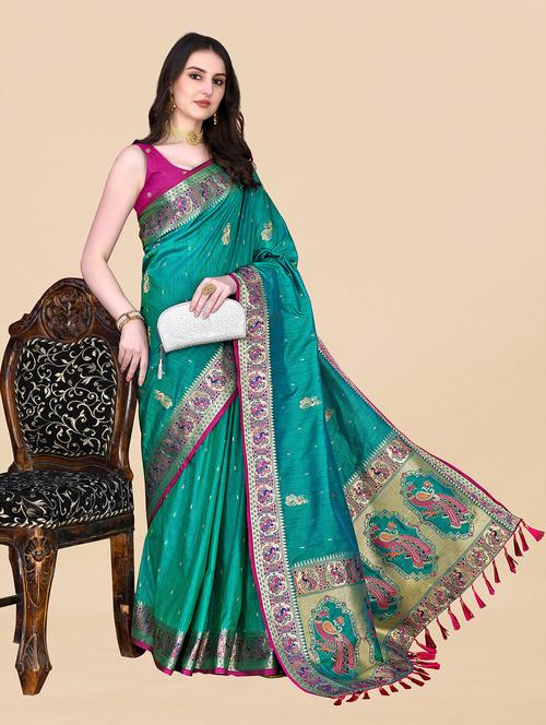 contrast bordered woven saree with blouse - 19480816 - Very Small Image - 1