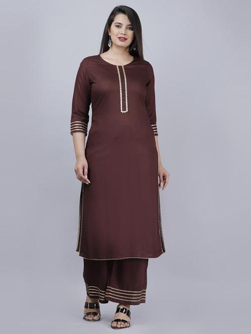 women solid round neck kurta palazzo set - 19481709 - Very Small Image - 1