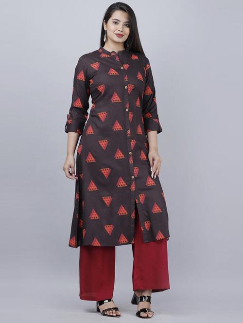 brown self design kurta palazzo set - 19481722 - Very Small Image - 1