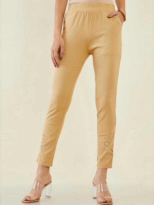 beige solid flat front trousers - 19486090 - Very Small Image - 1