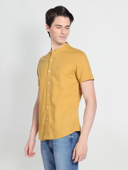 yellow mandarin collar solid casual shirt  - 19486445 - Very Small Image - 1