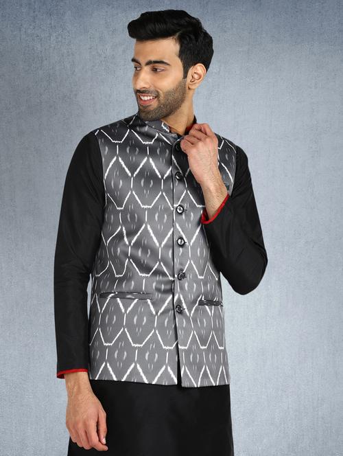 grey printed nehru jacket - 19488643 - Very Small Image - 1