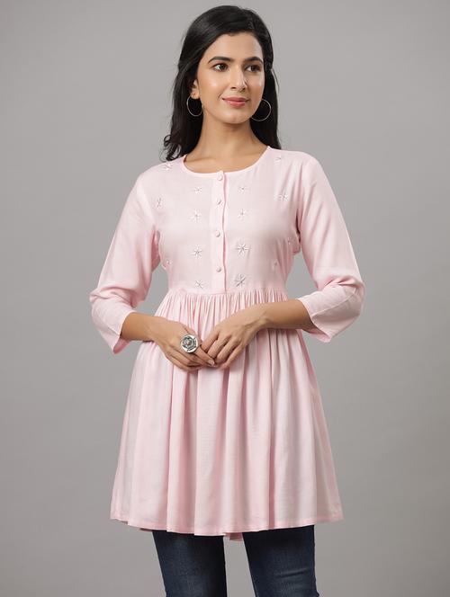 pink round neck embroidered regular tunic - 19491888 - Very Small Image - 1