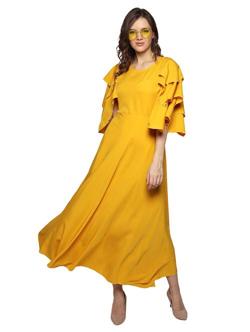 yellow solid fit & flare dress - 19494108 - Very Small Image - 1