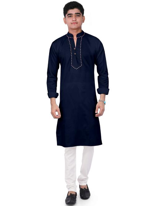 navy blue solid kurta & pajama full length set - 19495337 - Very Small Image - 1