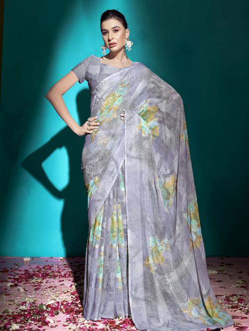 women's printed grey colored saree with blouse - 19495925 - Very Small Image - 1