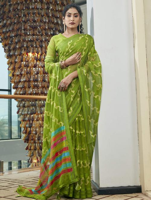 green chiffon printed saree with blouse - 19496054 - Very Small Image - 1