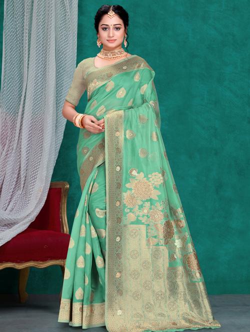 contrast bordered woven saree with blouse - 19496204 - Very Small Image - 1