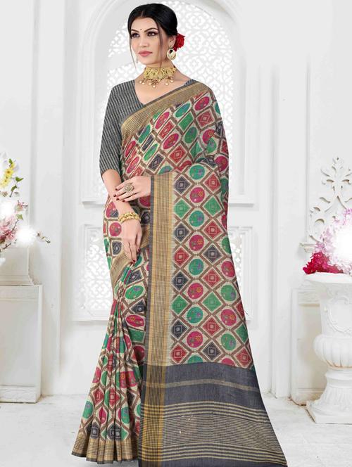 contrast bordered printed saree with blouse - 19496229 - Very Small Image - 1