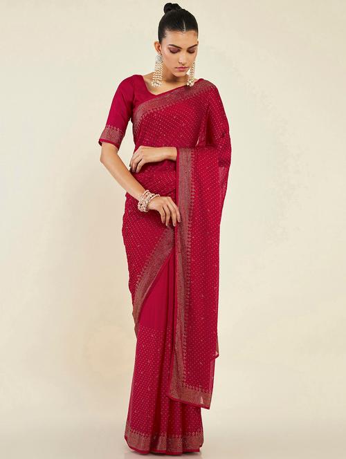 women's micro print red colored saree with blouse - 19496513 - Very Small Image - 1