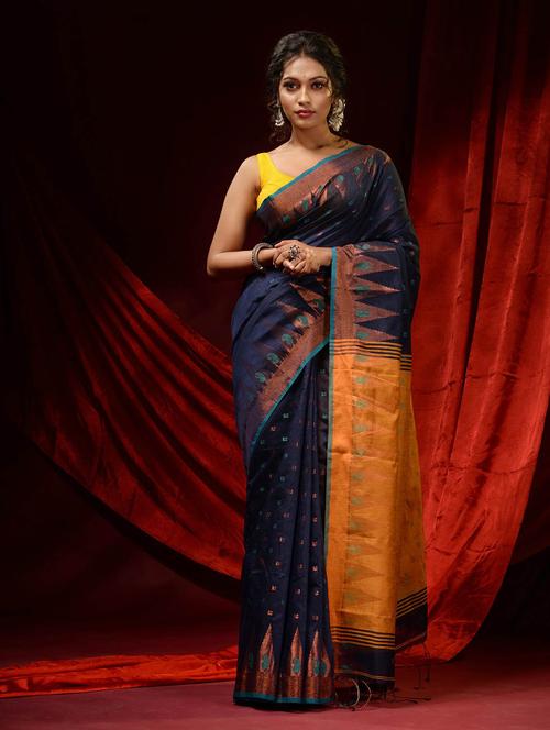 women's self design navy blue colored saree with blouse - 19498149 - Very Small Image - 1