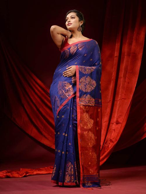 women's self design navy blue colored saree with blouse - 19498169 - Very Small Image - 1