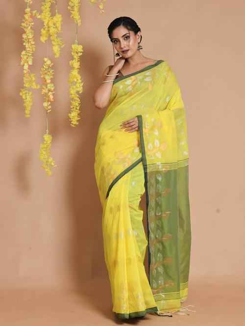 yellow self design woven saree with blouse - 19498224 - Very Small Image - 1
