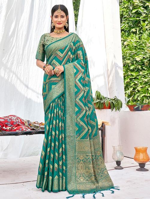 turquoise self design woven saree with blouse - 19501664 - Very Small Image - 1