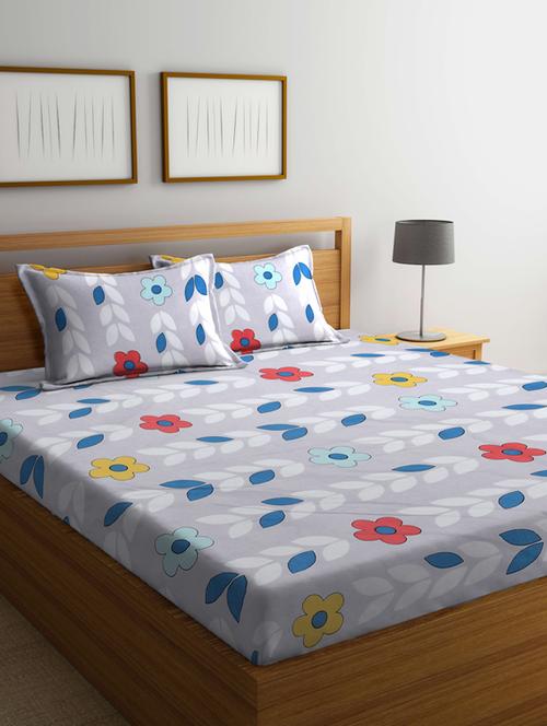 fabinaliv grey floral 210 tc cotton blend king size double bedsheet with 2 pillow covers - 19503637 - Very Small Image - 1