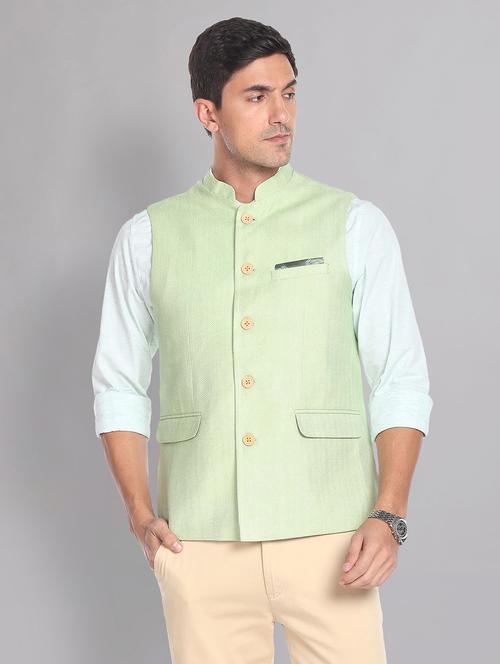 green cotton solid nehru jacket - 19503973 - Very Small Image - 1