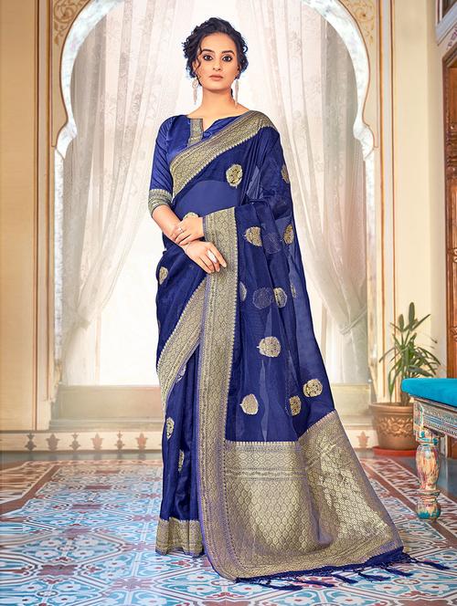 blue self design woven saree with blouse - 19504678 - Very Small Image - 1
