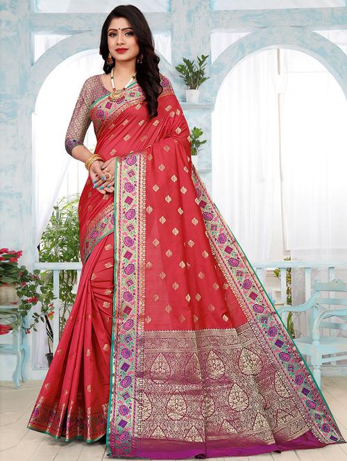 red self design woven saree with blouse - 19504700 - Very Small Image - 1