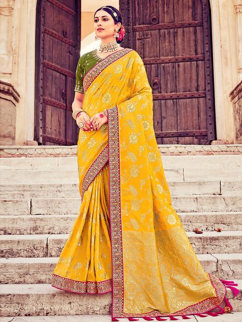 embroidered border gold printed saree with blouse - 19505332 - Very Small Image - 1