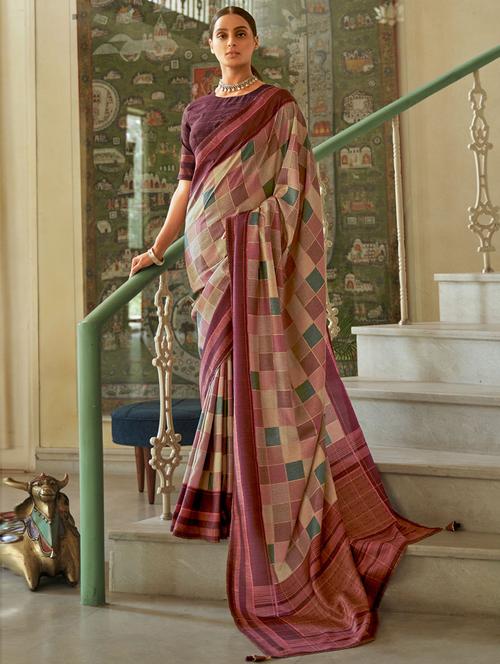 color block printed saree with blouse - 19505335 - Very Small Image - 1