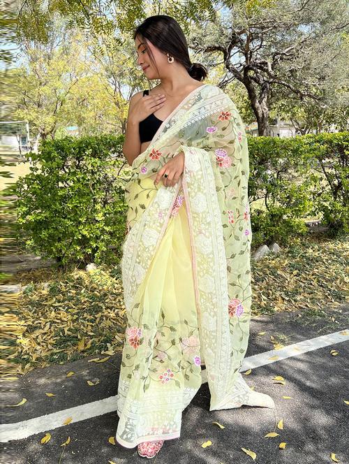 chikankari floral printed saree with blouse - 19505729 - Very Small Image - 1