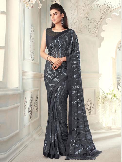 sequin work embroidered saree with blouse - 19506190 - Very Small Image - 1