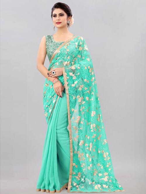 turquoise printed saree with blouse - 19506340 - Very Small Image - 1
