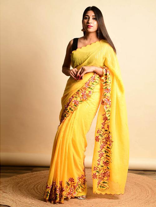 yellow georgette plain saree with blouse - 19506344 - Very Small Image - 1