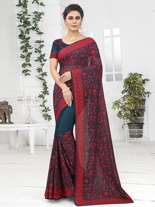 teal georgette embroidered saree - 19506706 - Very Small Image - 1