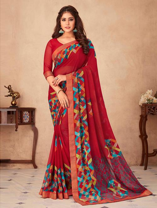 red chiffon printed saree - 19506725 - Very Small Image - 1