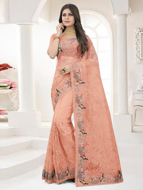 peach net embroidered saree with blouse - 19506760 - Very Small Image - 1