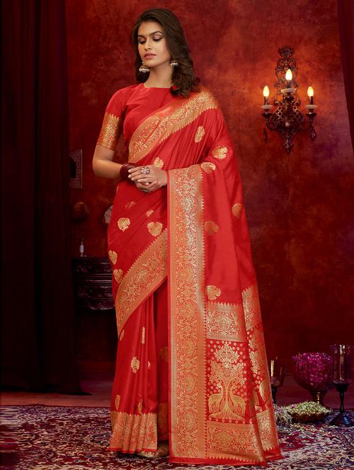 red satin woven saree with blouse - 19507018 - Very Small Image - 1