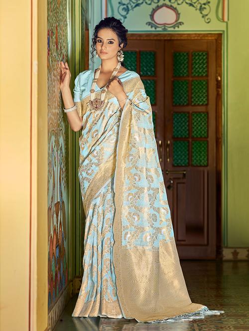 soild banarasi saree with blouse - 19507499 - Very Small Image - 1