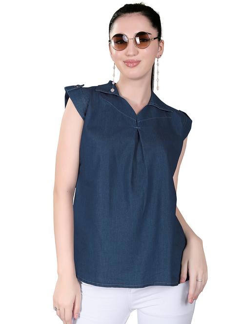 blue solid cotton blend regular top - 19509179 - Very Small Image - 1