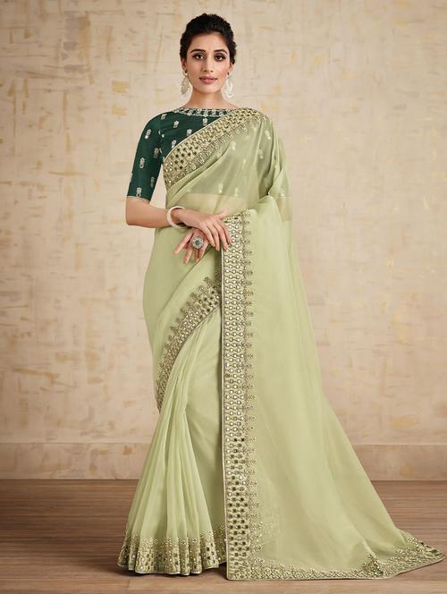 green organza woven saree with blouse - 19510103 - Very Small Image - 1