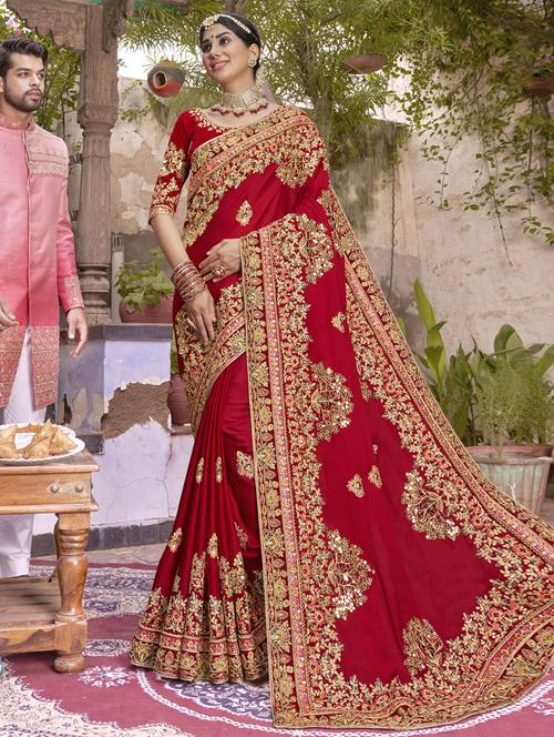 red embroidered saree - 19510209 - Very Small Image - 1