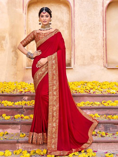 red solid saree with blouse - 19510250 - Very Small Image - 1
