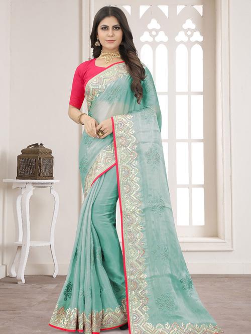blue chiffon plain saree with blouse - 19510431 - Very Small Image - 1