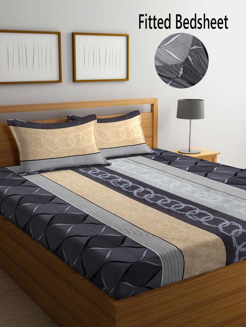 fabinaliv multicolor motifs 210 tc cotton blend king size fitted double bedsheet with 2 pillow covers - 19511490 - Very Small Image - 1