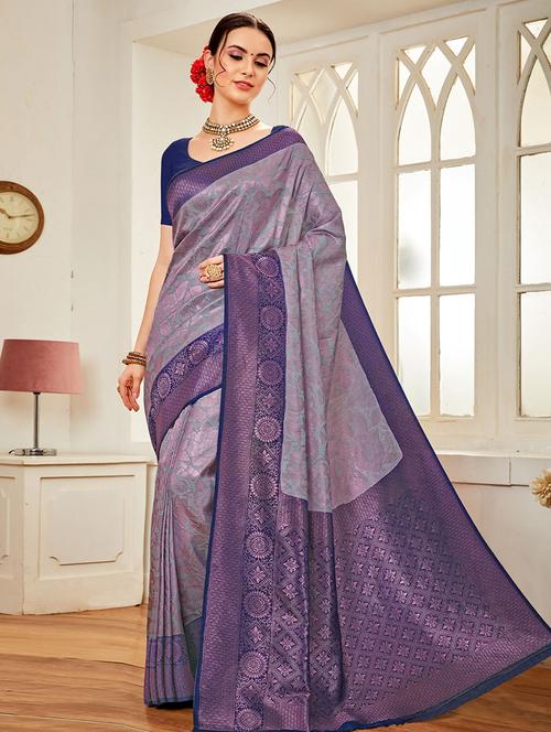 purple self design woven saree with blouse - 19511826 - Very Small Image - 1