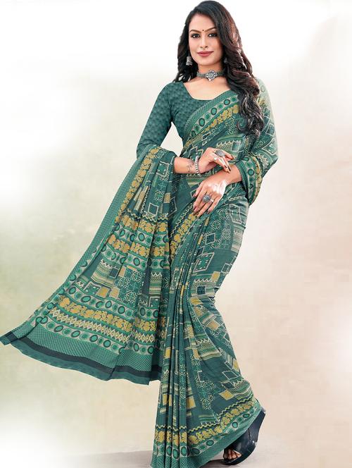 turquoise crepe printed woven saree with blouse - 19511899 - Very Small Image - 1