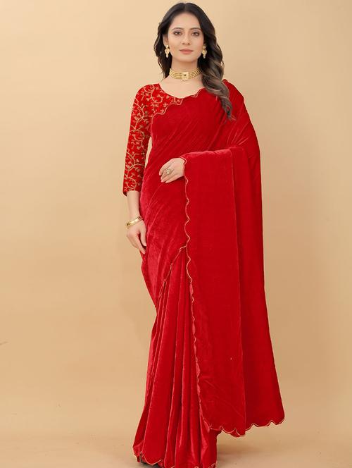 red velvet saree with blouse - 19511992 - Very Small Image - 1